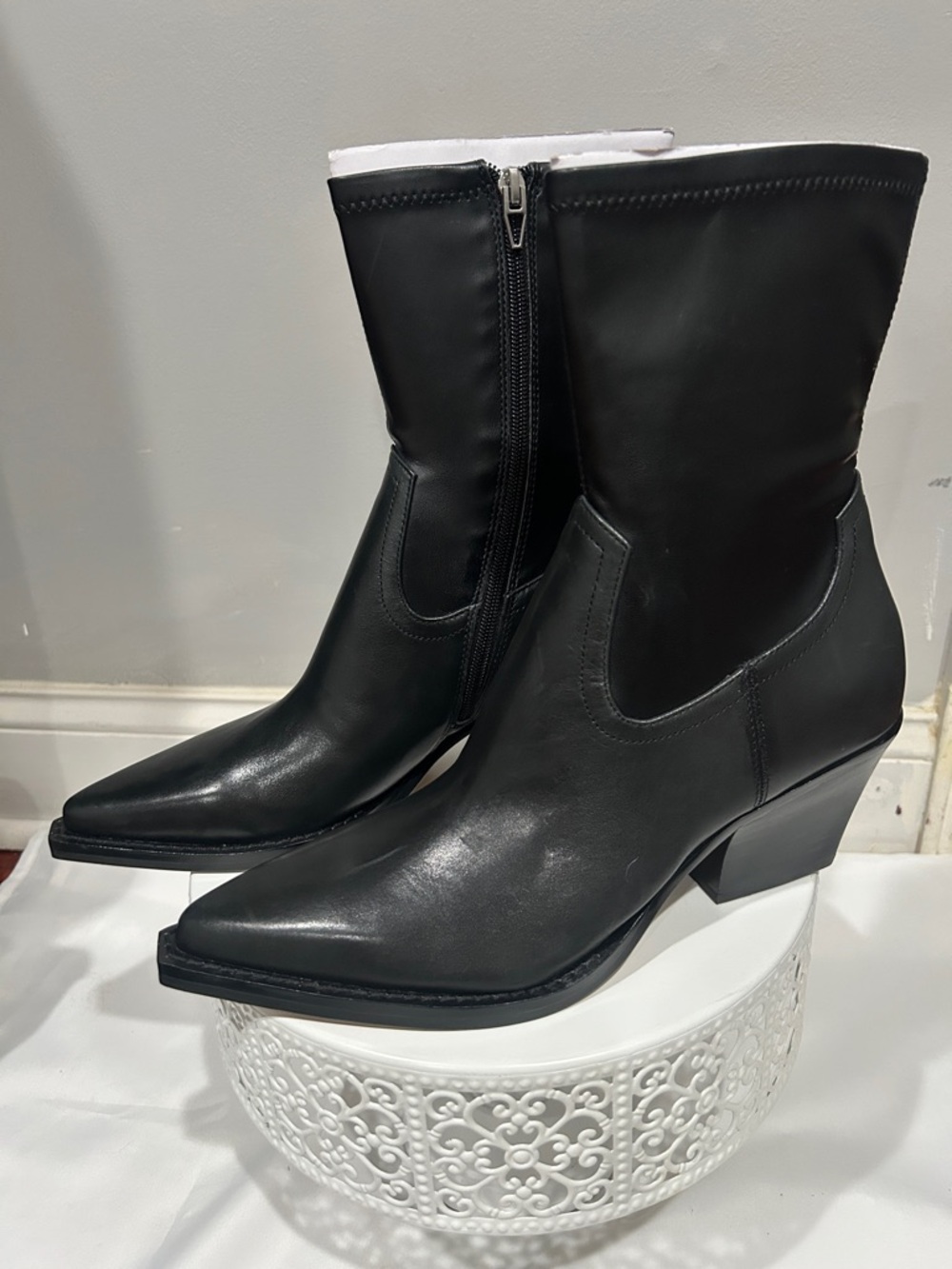 Dolce Vita Black Leather Mid-Calf Block Heel Ankle Boots - Picture 8 of 12